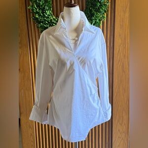 Classic New York & Co, Stretch White Crossover Blouse, Cotton, Size Large
